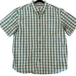 Carharrt Men XL Short Sleeve Button Up Pocket Logo Shirt Green Plaid Workwear